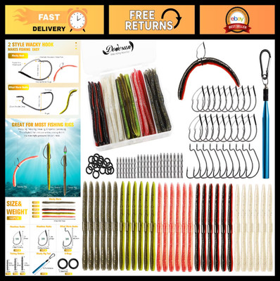 Wacky Worm Fishing Kit for Bass & Trout - Soft Plastic Baits, Weedless Hooks, Ji