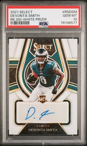 2021 PANINI SELECT ROOKIE AUTO #RSDSM DeVONTA SMITH SIG-WHITE PRIZM /35 PSA 10