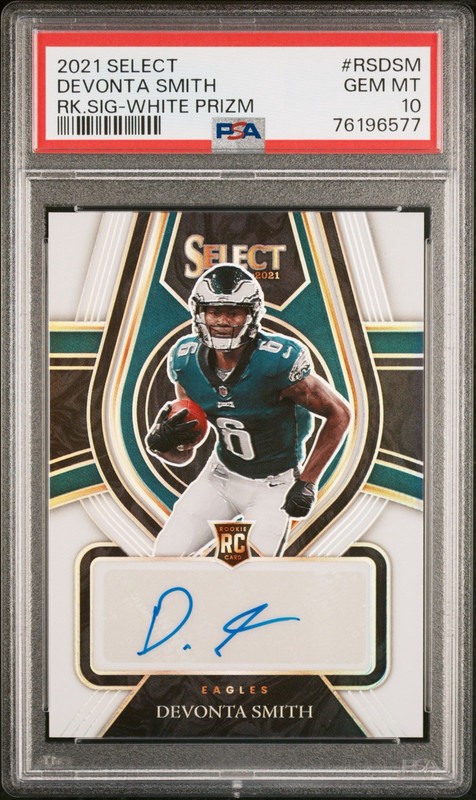 2021 PANINI SELECT ROOKIE AUTO #RSDSM DeVONTA SMITH SIG-WHITE PRIZM /35 PSA 10