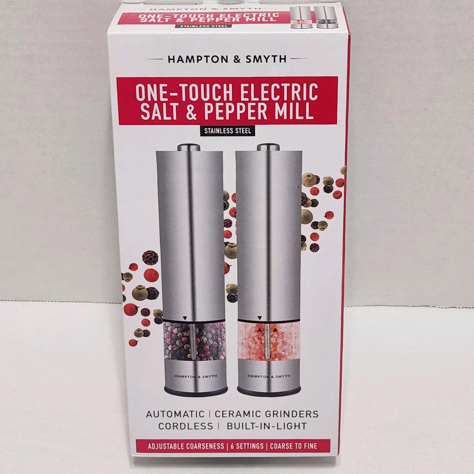 Hampton & Smyth: Stainless Steel One Touch Electric Salt Pepper Grinder