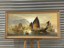 🎨 Large Vintage Oil Painting – Oriental Harbour Scene with Junk Boats 