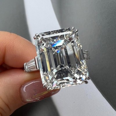 15 CT Huge Moissanite three Stone Ring for Women  Certified Emerald Cut 14K Gold