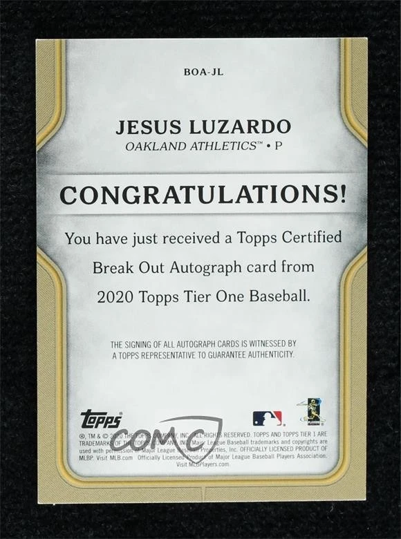 2020 Topps Tier One Break Out Auto /299 Jesus Luzardo #BOA-JL Rookie Auto RC - Image 2 of 2