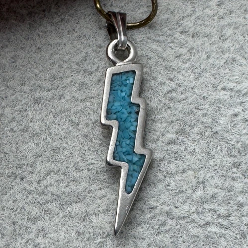 Southwestern Lightning Bolt Pendant Charm Silver Tone Turquoise Waldeck Johnson