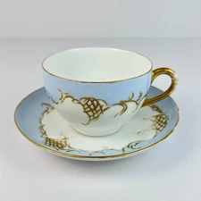 T & V Tressemann Vogt Limoges France Blue White Gold Teacup & Saucer Signed MEH