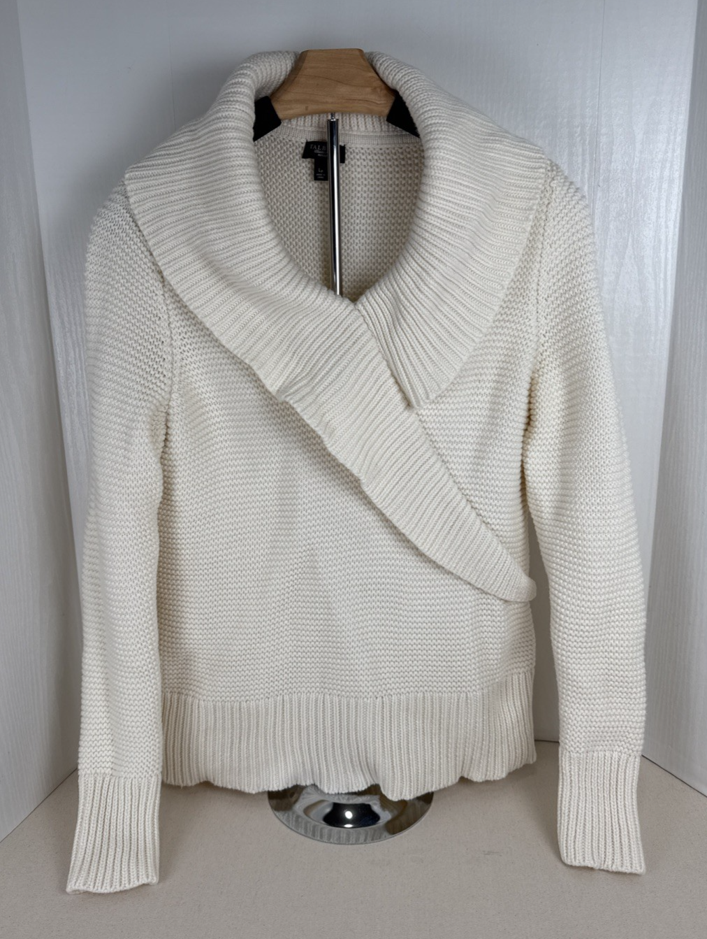 Talbots Ruffle Cowl Neck Chunky Sweater  Cotton Knit Cream Cozy Women’s Petite L