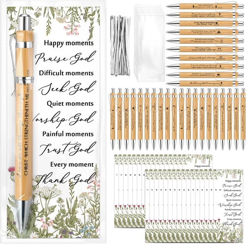 30 Set Church Christian Gifts Bulk Include Bible Verse Bamboo Pens Inspirational - Picture 1 of 12