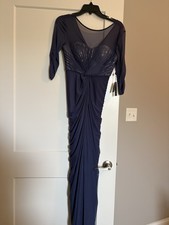 Adrianna Papell Mesh Sequin Rouched Wisteria Long Gown Size 2 V-Neck 3/4 Sleeve