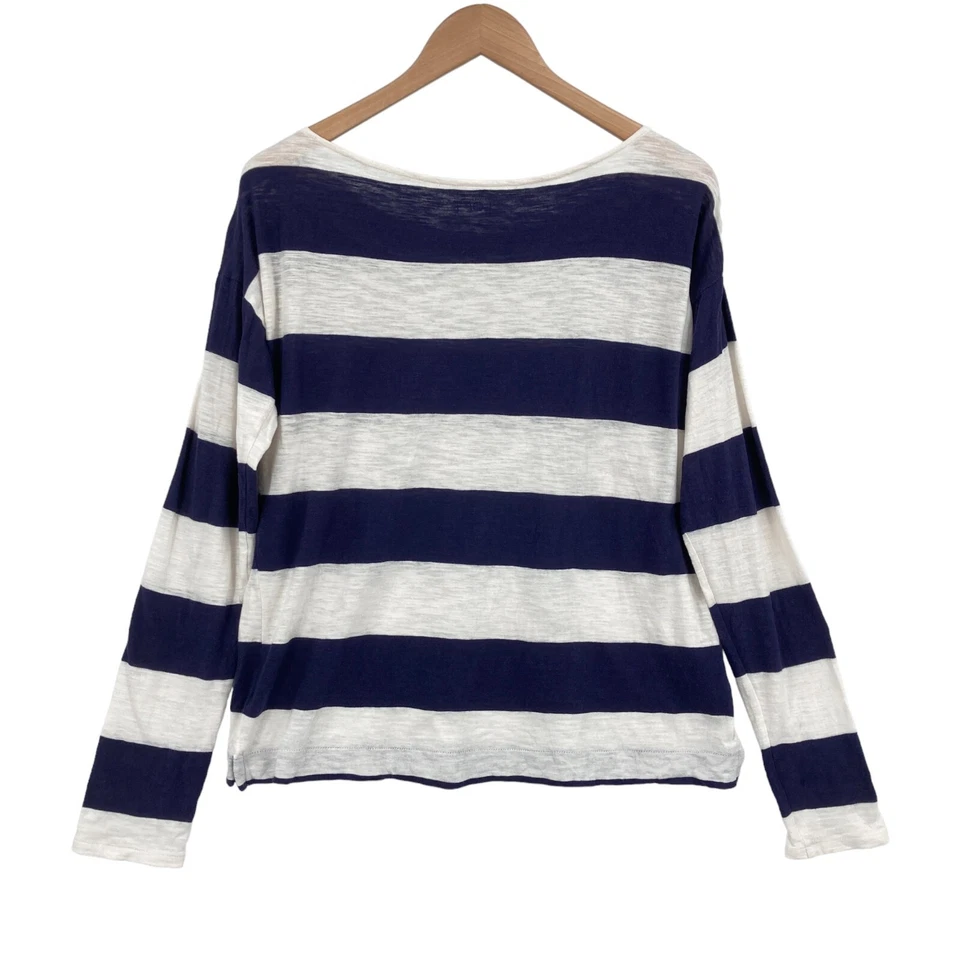 LOFT Shirt Top Womens Medium Navy White Striped Cotton Boat Neck Sequin Pullover - Image 2 of 4