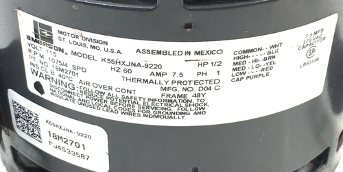 EMERSON K55HXJNA-9220 Blower Motor 1/2HP 115V 60Hz 1075RPM 4SPD 18M2701 #MP287 - Picture 3 of 4