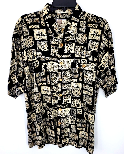 Marc Edwards Hawaiian Shirt Mens Large Black Tan Tribal Aztec Short Sleeve