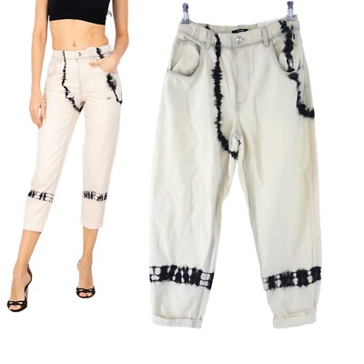Bershka Jeans Mom Fit Batik elfenbein schwarz Baggy Cropped hoher Bund neu mit Etikett UK 10