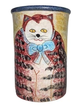 Vintage Macy's The Cellar Hand Painted Fat Cat Crock Decorative Only Italy