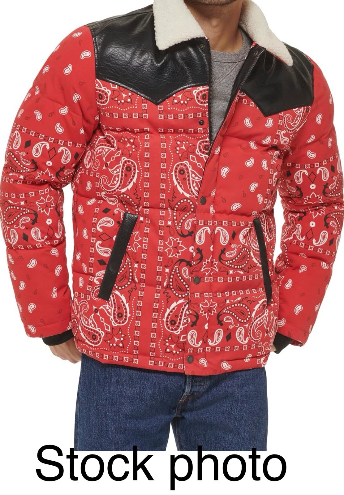 LEVIS Out West Mixed Media Puffer Jacket Coat Men Sz L Red Paisley Bandana NEW