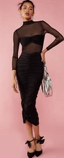 Revolve SER.O.YA Dress Womens Size XS Black Levina Midi Sheer Ruched Long Sleeve