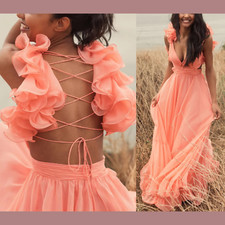 NWT Mac Duggal [ 12 ] 67911 Ruffle Tiered Floral Cut out Chiffon Gown Coral J405