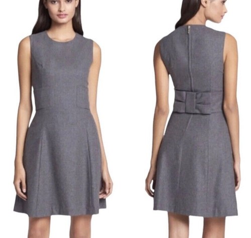 Kate Spade womens size 6 Gray Wool Blend Marti Fit & Flare Bow Dress $428 A-line