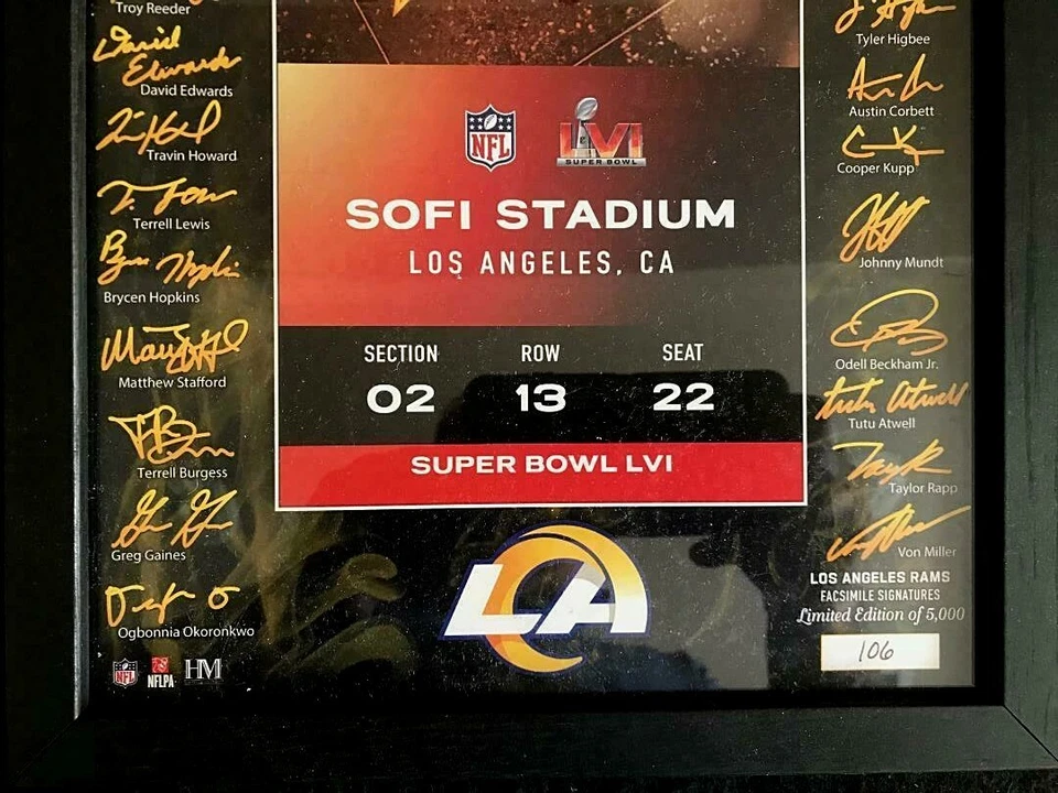 NFL Super Bowl LVI Los Angeles Rams Firma Boleto Numerado Artículo con Licencia  Foto 2 de 4