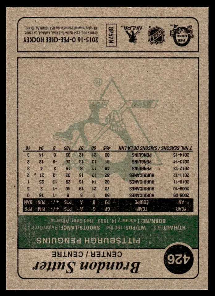 2015-16 O-Pee-Chee Retro Brandon Sutter Pittsburgh Penguins #426 R183 - Image 2 of 2