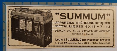Appareil Photo Stéréo Argentique SUMMUM Louis Leullier - 1920 - Bon état