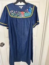 Go Softly Patio Denim Embroidered Peacock & Floral Dress/Duster Large Housecoat