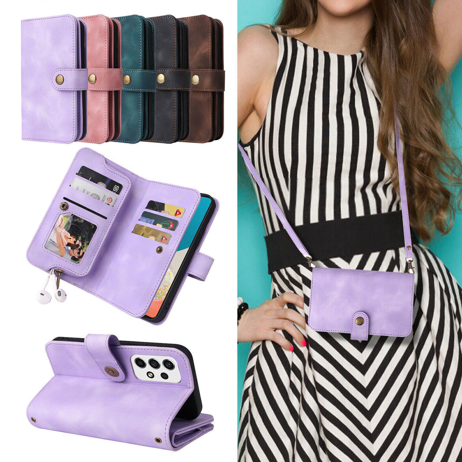 Leather Card Wallet Strap Phone Case For Samsung S23 Ultra S22 S21 A53 A13 A73-image