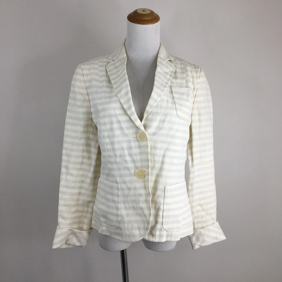 AKRIS PUNTO Cream Heather Gray Striped 100% Linen Blazer Jacket Womens sz 8 - Image 3 of 4