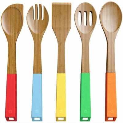 Kitchen Utensil Set Wooden Nonstick Cooking Tool 5 Pieces W/ Silicone Handles
