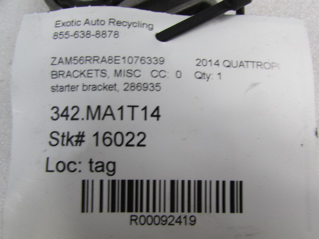 Maserati Quattroporte, Starter Bracket, Used, P/N 286935