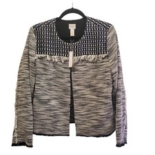 New Chico's Jacket Size L Women's Small Novelty Pieced Tweed Fringe Black Blue