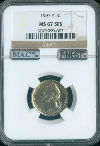 1987 P Jefferson Nickel 5C NGC MS67 FS MAC Quality