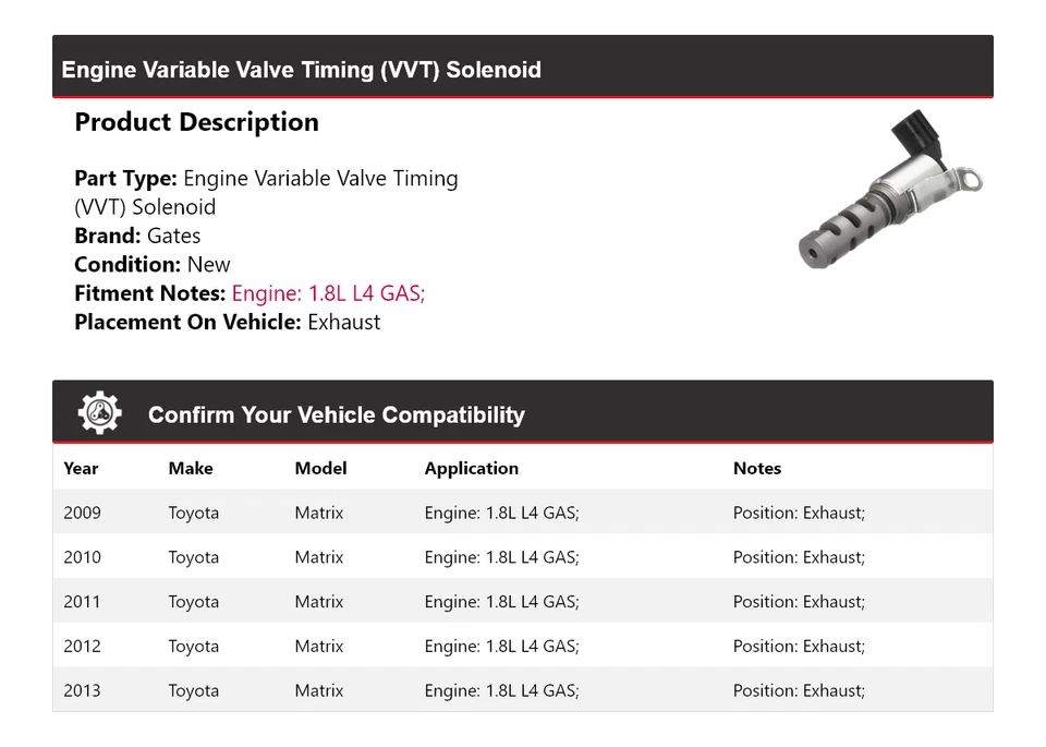 Puertas de escape solenoide VVT 2010 para Toyota Matrix 2009-2013 1,8 L L L4 motor de gas Foto 2 de 4