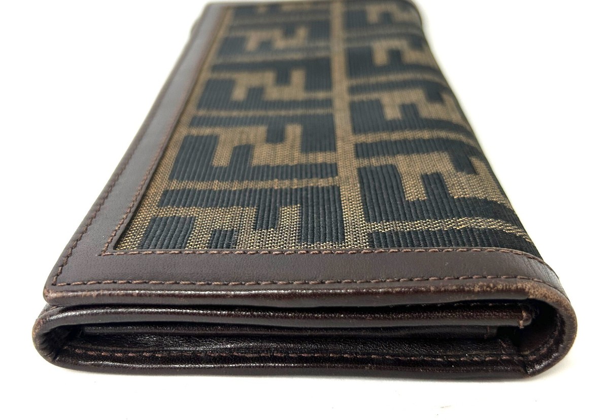 美品✨Fendi Pecan Folding Wallet Vintage FENDI Zucca Blue Brown Canvas Leather Bifold Long Wallet Purse