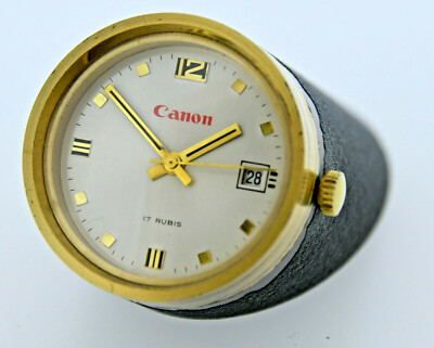 Canon Tischuhr Handaufzug mit Datum 17 Rubis Werbegeschenk Paperweight um 1970