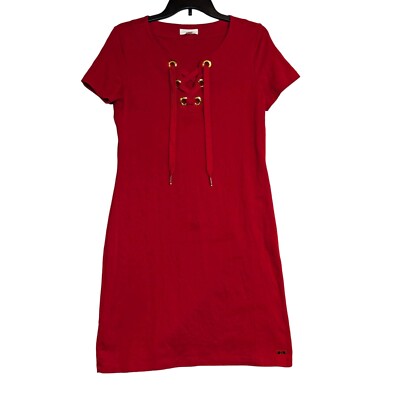 Calvin Klein Red Lace-Up Dress S Gold Eyelets Casual Chic Stretch
