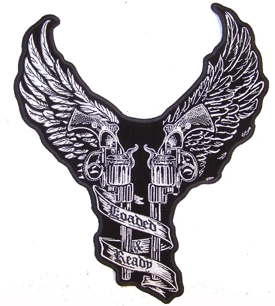 HUGE WINGED DOUBLE PISTOLS PATCH JBP48 biker patches guns wings iron on NEW