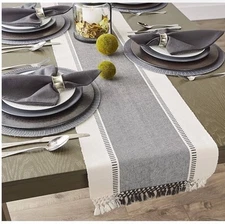 Dobby Stripe Ribbed Table Runner w/ Knotted Tassels 13”x72” - Gray & Ivory