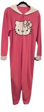 Hello Kitty Adult One Piece Pajama Pink Light Weight Fleece Zip Front Hooded L