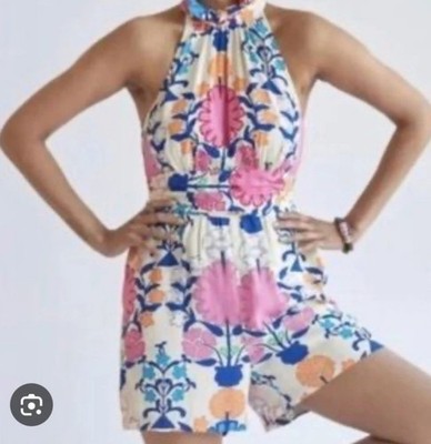 Rachel Rachel Roy Women's Floral Romper Halter Neck Belted 100% Rayon Summer M