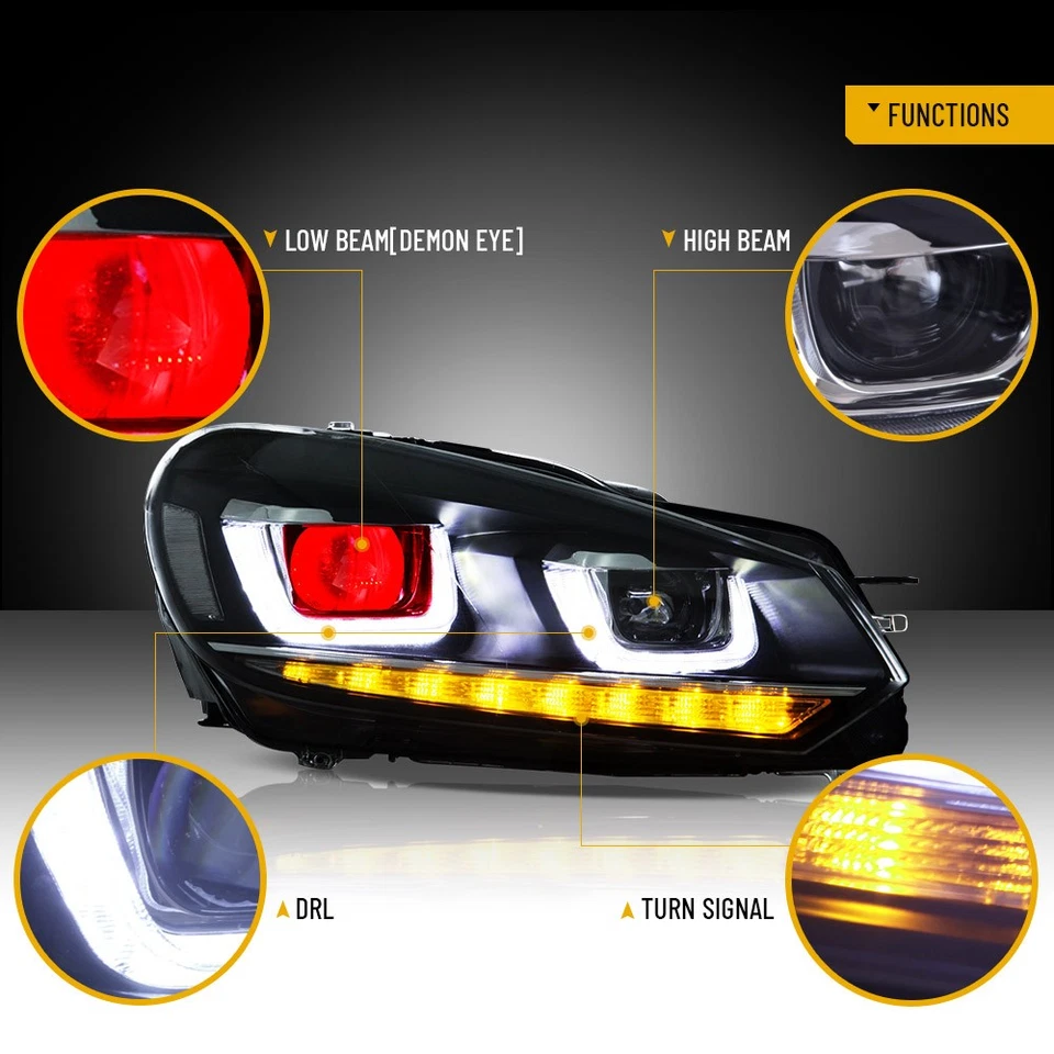 VLAND Headlights For 2010-14 Volkswagen VW Golf 6 MK6 Dual LED DRL w/Demon Eyes - Image 2 of 4
