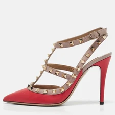 Valentino RedBeige Leather Rockstud Caged Pumps Size 365