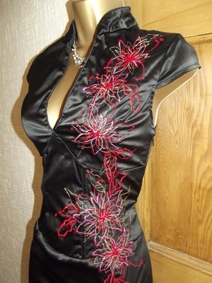 Jane Norman   Vintage Boned Satin Oriental Chinese Dress Size 10 - 12 Wiggle