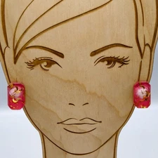 Vintage Sparkling Celestial Earrings, Golden Confetti Lucite with Pink Cased Res