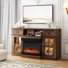 58" Fireplace TV Stand  Glass Entertainment Center w/Electric Fireplace Heater