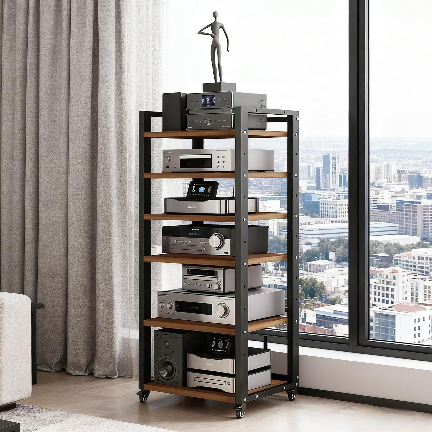 6-Tier AV Media Stand, Audio-Video Shelving with Wheels, Adjustable Media Consol
