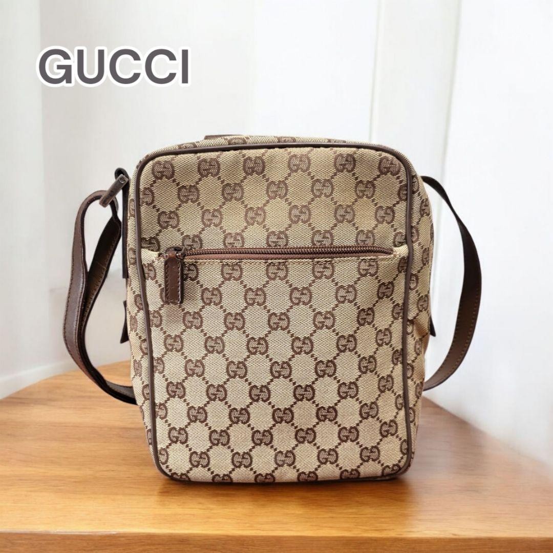 Gucci GG Monogram Brown Canvas Vertical Shoulder Bag with Adjustable Strap Authentic