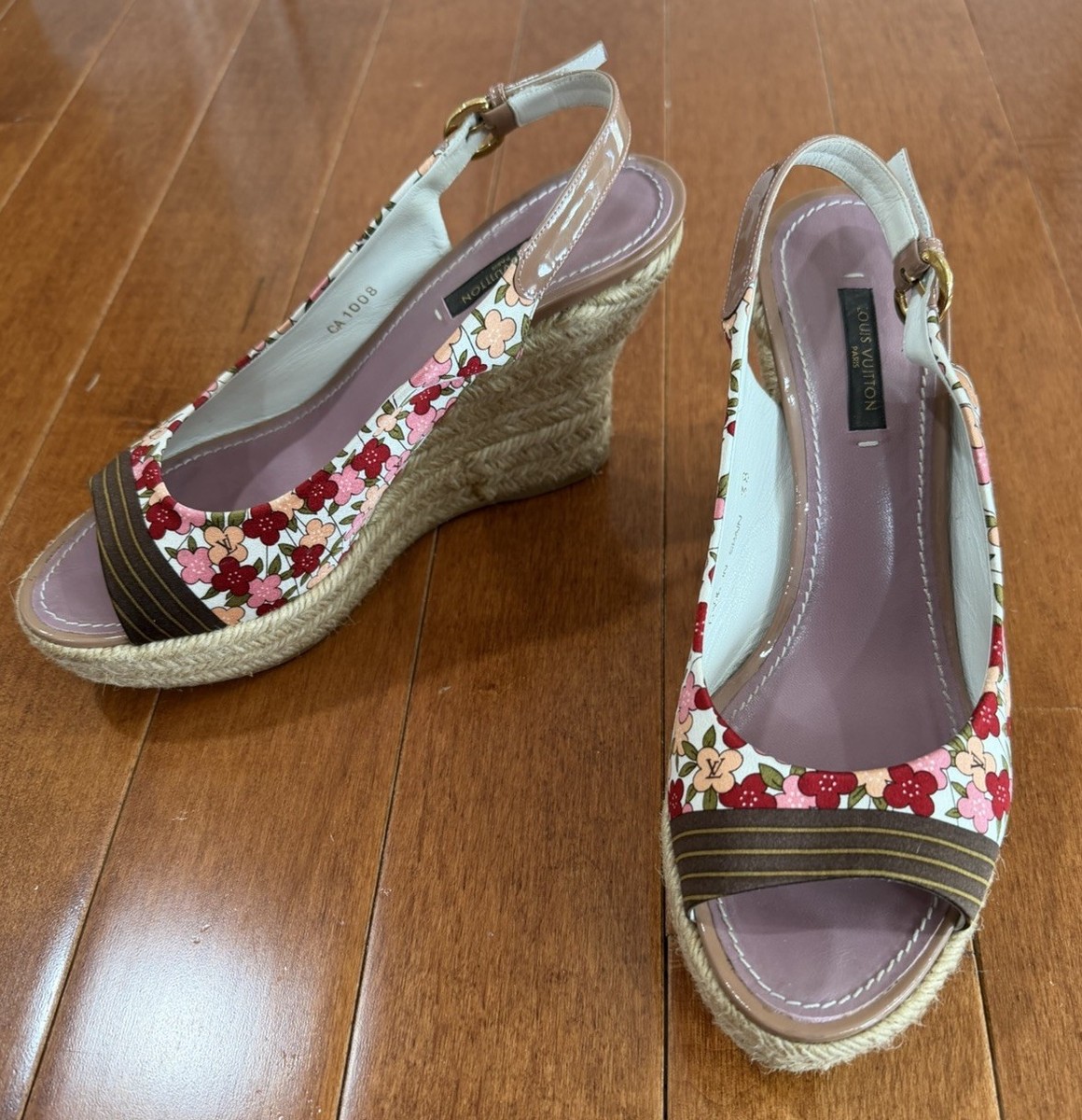 Louis Vuitton Floral LV Open Toe Slingback Espadrille Wedge