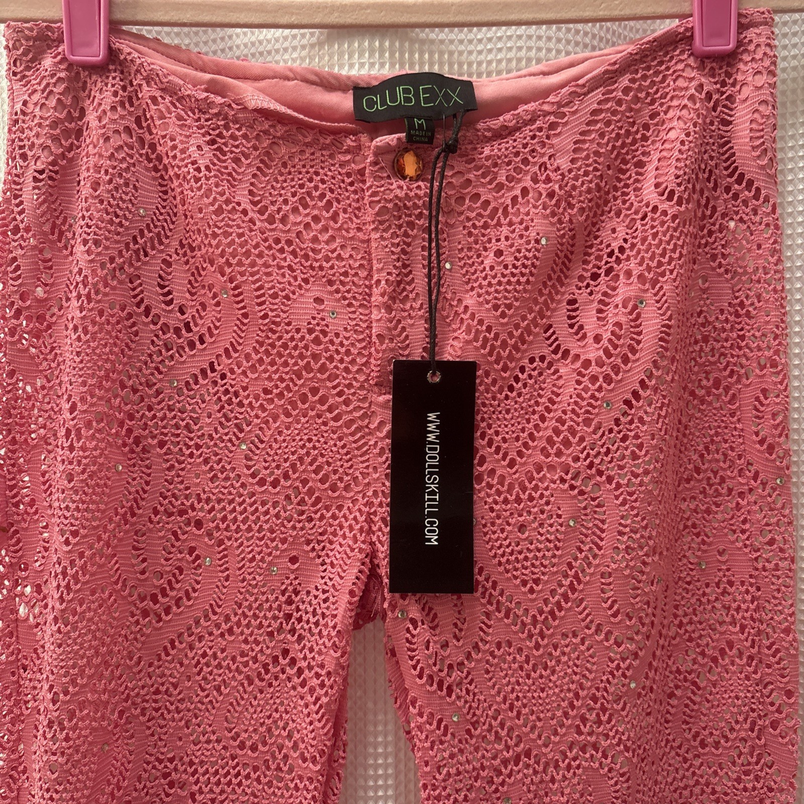 NWT M Dolls Kill Hot Pink Rhinestone Crochet Heart Flare Pants