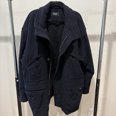 Vintage Hugo Boss Malenkow Navy Wool Cashmere Oversized Pea Coat Zip Up Men s L