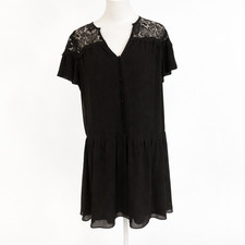 Express Black Lace Yoke Dress Womens Medium Sheer Chiffon Mini Babydoll Fairy
